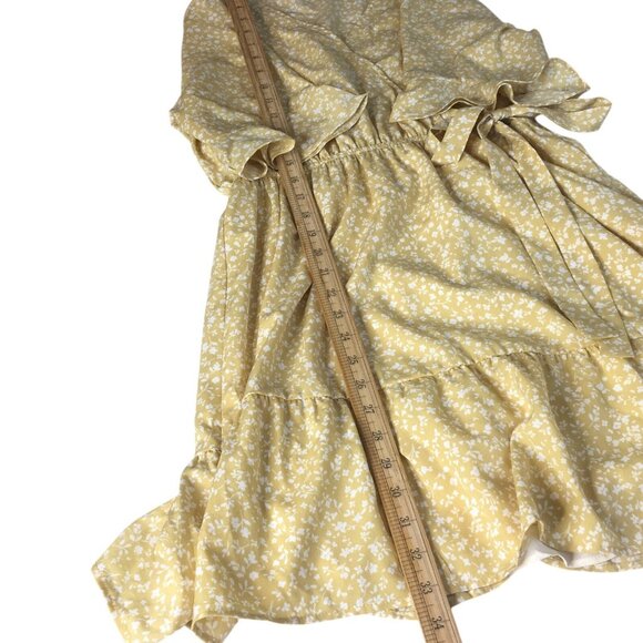 Ditsy Floral Sundress Womens Sz L Yellow Waist Tie Prairie Cottagecore - Picture 11 of 13